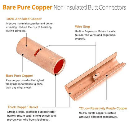 SVAAR 40 PCS 8 AWG Non-Insulated Butt Connectors Crimp Repair Butt Splices Kit, Uninsulated Butt Splice Connectors for 8 Gauge Wire, Bare Copper Seamless Barrel Heavy Duty Crimp Butt Splice Terminals - color: Bare Pure Copper