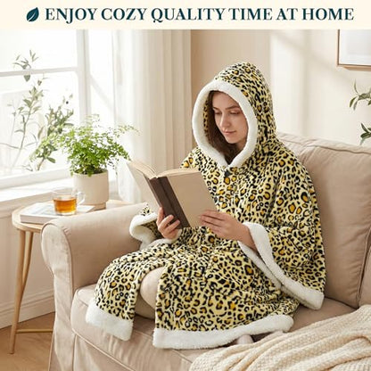 PAVILIA Hooded Blanket Poncho for Women Fleece Wearable Shawl Wrap, Cheetah | Fleece Shawl Wrap with Hood, Adult Wearable Blanket, Cozy Warm Poncho Cape Throw with Pockets, Gift for Elderly Mom - color: Cheetah