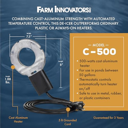 Farm Innovators C-500 Submergible Cast Aluminum Utility Water De-Icer, Powered at 500 Watts with 50 Gallon Capacity for Versatile Farm Use