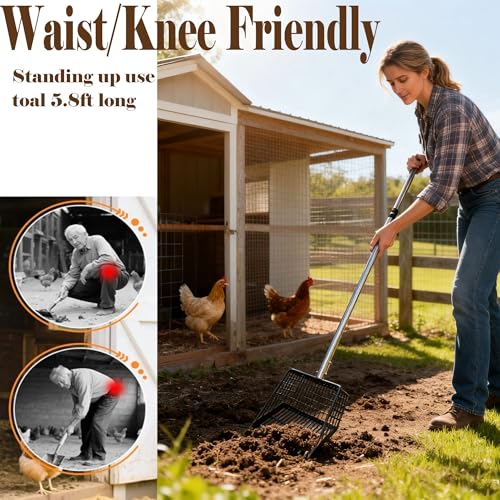 Chicken Poop Scooper & Rake 2-in-1, Adjustable 35"-65" Stainless Steel Handle, Heavy Duty Metal Black Shovel Head for Chicken Coop Cleaning, Pet Waste, Cat Litter Sifting
