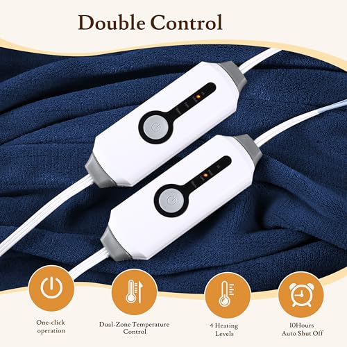 Electric Heated Blanket 84"×90" Queen Size, Fluffy Cozy for Home, Office, Hotel, 4 Heating Levels & 10H Auto-Off, Overheat Protection, Dual Controllers, Fast Heating - Dark Blue - color: 06-dark Blue, size: Queen Size (84"x90")