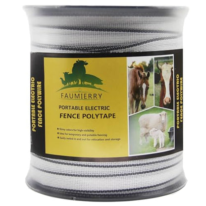 Poly Tape Electric Fence 8 Stainless Steel Conductors - 656 Feet Roll - 1 Inch White and Black Polytape for Animal Fencing Horse Farms or Ranch Electric Fence - size: 1'' x 656ft