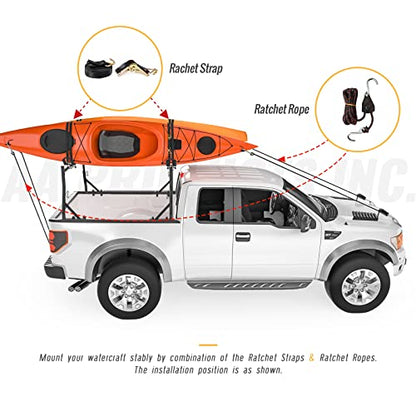 Model X35 Truck Rack with 8 Non-Drilling C-Clamps and 2 Sets Kayak J-Racks with Ratchet Lashing Straps & Ratchet Bow and Stern Tie Down Straps - color: KX-355