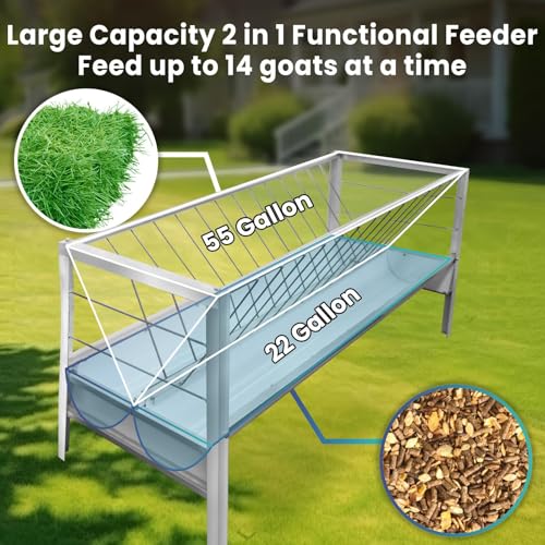 Goat Feeder 2 in 1 Hay Feeder System, 55 Gallon Goat Hay Feeder with 22 Gal Grain Pan, Heavy-Duty Livestock Hay Feeder for Pasture Use (Galvanizing, 1)