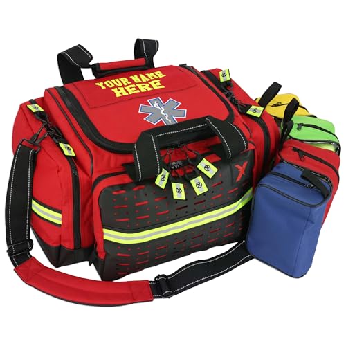 Lightning X Personalized EMT Trauma Bag – Large ALS Medical Bag with 6 Color-Coded Pouches, MOLLE Panel, Waterproof Bottom, Reflective EMS Gear, Custom Embroidered Name or Logo | LXMB35 - color: Red