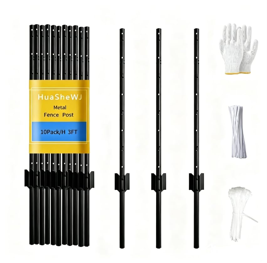 Metal Fence Post 3 Feet Black Pack of 10 U Post for Wire Fence - color: Black 10pcs, size: 3 ft.