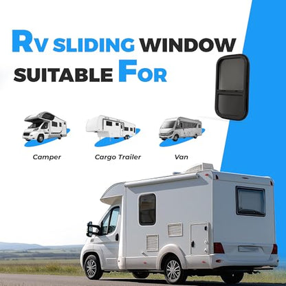 HECASA Universal RV Window 14" W x 22" H W/Trim Ring & Mesh Screen Vertical | Sliding Camper Teardrop Side Replacement Tinted Tempered Glass Aluminium Plastic - size: 14" W x 22" H
