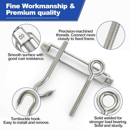 TooTaci 10PCS M8 Turnbuckle, 304 Stainless Steel Turnbuckle Hook and Eye | Turnbuckle Wire Tensioner, 440 lb Heavy Duty Adjustable Turnbuckles for Cables Wire, Cable Tightener, Trampoline, Tent, Tarps - size: M8 OC-10Pcs