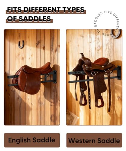 Queension Wall Mounted Saddle Rack with Pad Bar for Horses Saddles, Black | Heavy Duty Horse Saddle Stand with for English & Western Saddles, Saddle Pad Rack for Horses Blanket, Tack Storage - style: Wall Mounted-Black