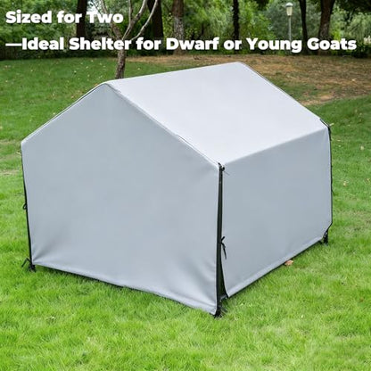 Goat Shelter for Outside, Portable for 2 Goats, 49 x 49 x 43 in Metal Frame | Three-Sided Windbreak Panels And Ground Stakes, For Backyards, Pastures And Small Livestock Enclosures