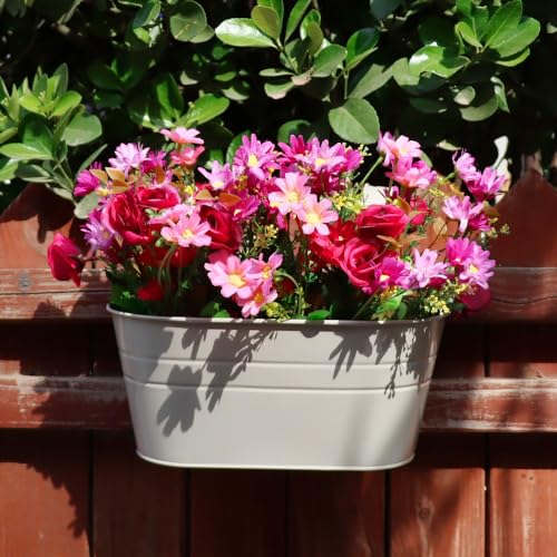 3 Pack Metal Railing Planters, 10.5" Oval Hanging Flower Pots with Detachable Hooks & Drainage Holes, Fits Rails up to 2.36", Galvanized Iron Fence Bucket for Balcony Garden Patio - Gray - color: Gray, size: 3 Pack, 10.5"L x 5.7"W x 4.7"H
