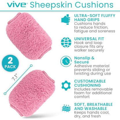 Vive Premium Walker Handle Cushions - Extra Soft Faux-Sheepskin Padded - color: Pink