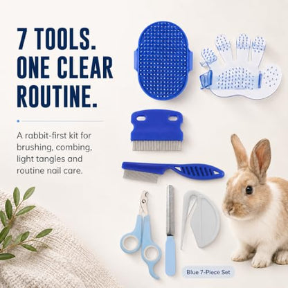 Rabbit Grooming Kit, 7-Piece Bunny Brush and Nail Care, Blue | 7 tools for loose fur, combing, light tangles and nail care; for rabbits, guinea pigs, hamsters and ferrets - color: Blue