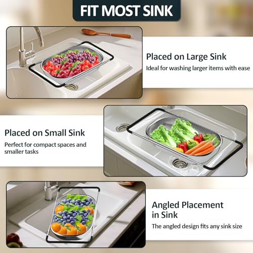 Over the Sink Colander - Strainers and Colanders - Sink Strainer Basket - Expandable Fine Mesh Strainer with Rubber Grip for Veggie, Fruits, Pasta, Home Kitchen Essentials (9.5W x 13.4-21.3L x 3.3H) - color: Light Black