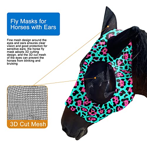 Upgrade Uv Horse Fly Mask with Ears - Equine Sunscreen Lycra Quiet Ride Elasticity Fly Mask with Ear Protection (Green Leopard Print) - color: Green Leopard print