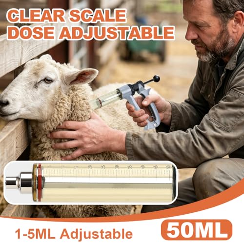 50ml Semi-Auto Repeating Livestock Syringe Gun, 5 Dose Settings - color: Silver Gray50ML