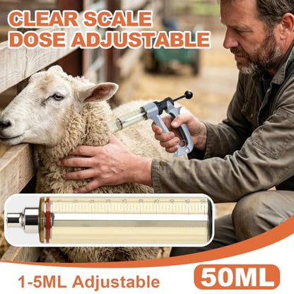 50ml Semi-Auto Repeating Livestock Syringe Gun, 5 Dose Settings - color: Silver Gray50ML