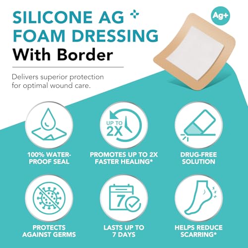 Silicone Foam Dressing Ag Sterile Wound Bandage with Waterproof Gentle Silicone Adhesive Border (5 Packs), 4"x 4" Breathable Ultra Absorbent Pads (4x4 Inch (Pack of 5)) - size: 4x4 Inch (Pack of 5)