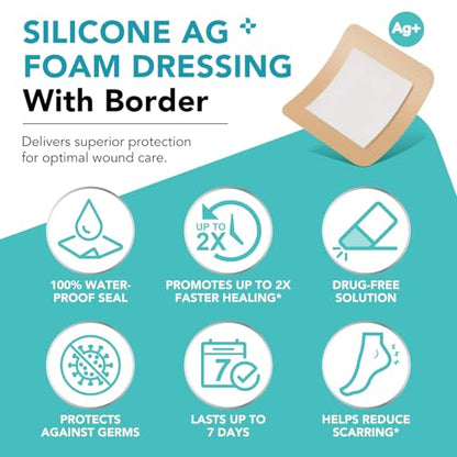 Silicone Foam Dressing Ag Sterile Wound Bandage with Waterproof Gentle Silicone Adhesive Border (5 Packs), 4"x 4" Breathable Ultra Absorbent Pads (4x4 Inch (Pack of 5)) - size: 4x4 Inch (Pack of 5)