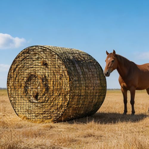 Round Bale Hay Net, 4x4 FT Heavy Duty Hay Net Slow Feeder for Horses Cattle Goats Sheep, Round Bale Polyester Pasture Stable 1.7" Hloes Design Hay Saver Durable