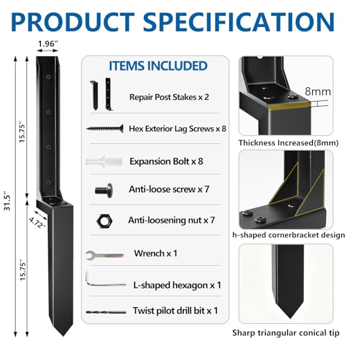 Fence Post Repair Kit to Fix Leaning Wood Fence, Mailbox, 2 Pack