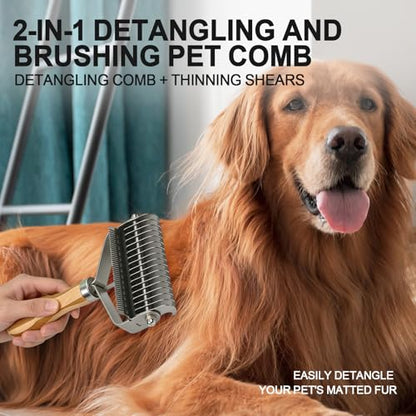 2-in-1 Pet Dematting&Deshedding Undercoat Rake with Bamboo Handle