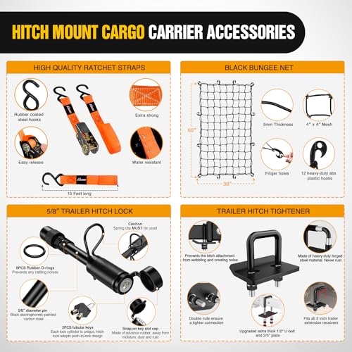 Nilight 60" x 24"x 7.87" Folding Carrier Fits 2-Inch Receiver 500 Lbs Capacity Bag Net Ratchet Straps Lock Stabilizer for SUV Pickup RV Van - style: 24" Basket w/Bag,Net,Straps,Stabilizer,Lock