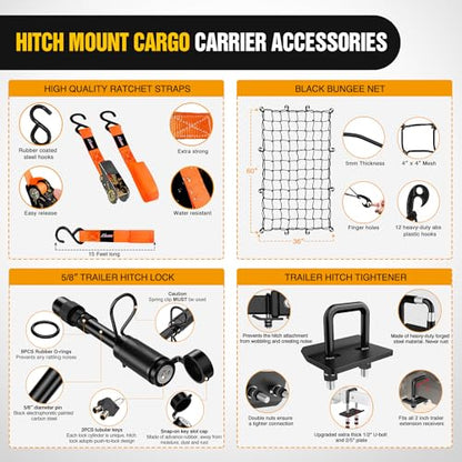 Nilight 60" x 24"x 7.87" Folding Carrier Fits 2-Inch Receiver 500 Lbs Capacity Bag Net Ratchet Straps Lock Stabilizer for SUV Pickup RV Van - style: 24" Basket w/Bag,Net,Straps,Stabilizer,Lock