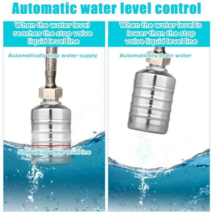 2pcs Water Float Valve, Stainless Steel Automatic Water Level Control Float Valve 1/2in and 3/4in Connection Types for Fish Tank Swimming Pool Livestock Trough
