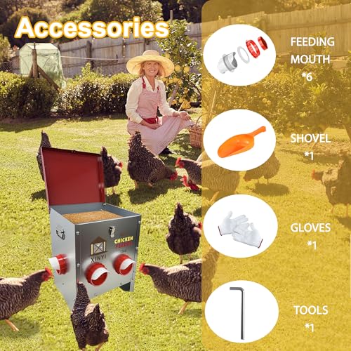 XINYI 7.1 Gallon Auto Chicken Feeder, 6 Ports Galvanized Chicken Feeder,Large Chicken Food Container No Waste & Rodent Proof Chicken Food Dispenser System, Weatherproof Duck Feeder - size: 6 ports without legs