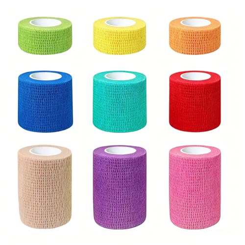9Pcs Self-Adhesive Cohesive Bandage Wrap Breathable Elastic Tape for Pets, Athletics, Sports, Wrist, Knee, Ankle (Mixed Colors)