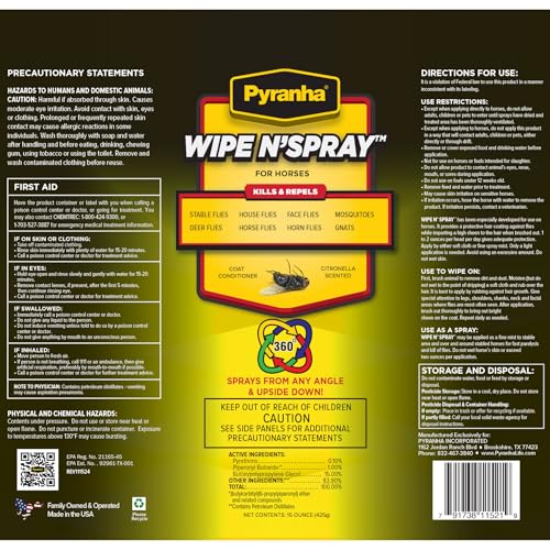 PYRANHA Wipe N' Spray for Horses - Oil-Based Long Lasting Fly Control Repels Horn, Deer, Horse, House, Stable, & Face Flies, Ticks, Mites, Mosquitoes, Gnats & Lice, 15 Oz - size: 15 Oz
