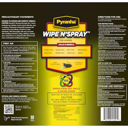 PYRANHA Wipe N' Spray for Horses - Oil-Based Long Lasting Fly Control Repels Horn, Deer, Horse, House, Stable, & Face Flies, Ticks, Mites, Mosquitoes, Gnats & Lice, 15 Oz - size: 15 Oz
