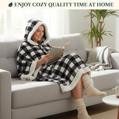 PAVILIA Hooded Blanket Poncho Fleece Wearable Shawl Wrap Throw, Plaid White | Fleece Shawl Wrap with Hood, Adult Wearable Blanket, Cozy Warm Poncho Cape Throw with Pockets, Gift for Elderly Mom - color: Checker White