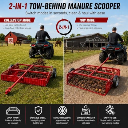 Manure Fork Tow Behind Scooper, 200 lb Yard Sweeper for ATV UTV