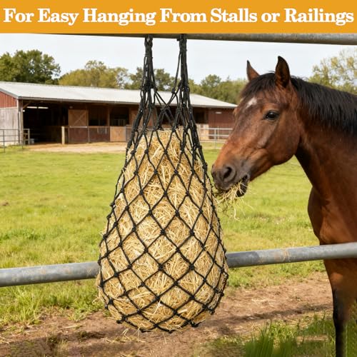 Klmnop 4-Pack Heavy Duty Slow Feed Hay Nets for Horses, 40" Hanging Hay Bags with 1.97" Small Holes, Regulate Feeding for Horse Goat Sheep in Stall Trailer Paddock(Black)