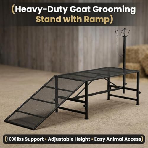 53x26"Goat Sheep Stand with Removable Ramp & Feed Tray, 1000LBS Livestock Trimming Stand, Adjustable Height for Milking Shearing Hoof Care Metal Construction