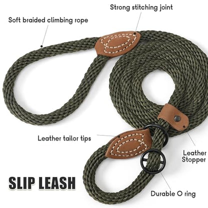 Mile High Life Heavy Duty Slip Lead No Pull Leash w Leather-Reinforced Ends - color: Drak Green, size: 6 Feet