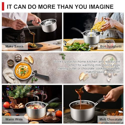 2QT Saucepan with Lid, Joyfair 18/10 Stainless Steel Small Sauce Pan Pot | Kitchen Cookware Milk Pot with Glass Lid for Cooking Stewing Boiling Spaghetti Soup, Heat-proof Handle, Dishwasher Safe - size: 2 Quarts