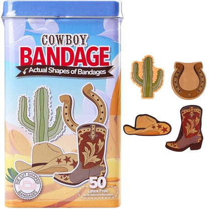 BioSwiss Bandages, Cowboy Shaped Self Adhesive Bandage Set, Latex Free, Sterile Wound Care, 50 Count - color: Cowboy, size: 50-Count Tin
