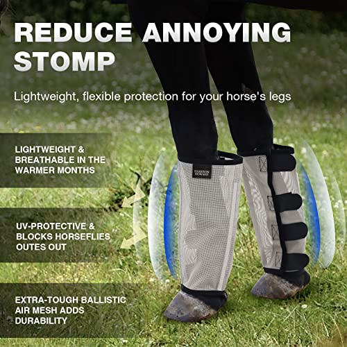 Harrison Howard Loose Fitting Fly Boots UV-Protective Extra Tough Mesh Ventilated Four Fasteners Stay-on Design Protect Horse Legs & Stomp-Reducing Set of 4 Silver Grey Mini - color: Silver Grey, size: Mini