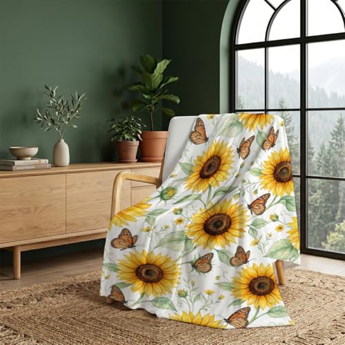 Sunflower and Butterfly Blanket Soft Throw Blanket 60" x 80" - color: Sunflower and Monarch Butterfly, size: 60"x80"