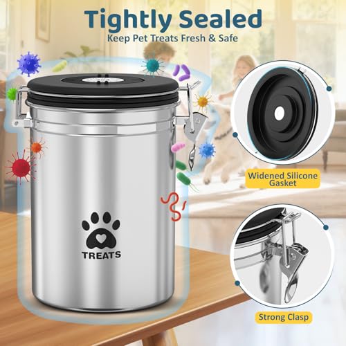 ENONCI Airtight Dog Treat Canister, 304 Stainless Steel Food Storage Jar with Date Dial Silver-2.8L - color: Silver, size: 2.8l