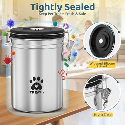 ENONCI Airtight Dog Treat Canister, 304 Stainless Steel Food Storage Jar with Date Dial Silver-2.8L - color: Silver, size: 2.8l