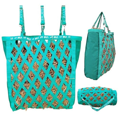 Majestic Ally Double Side Open Slow Feeder Hay Bag - Diamond Shaped Obliquely Placed Webbing (Turquoise) - color: Turquoise