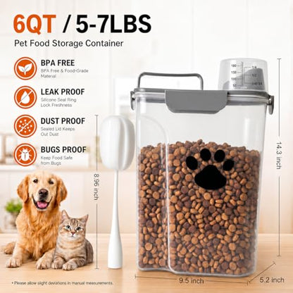 5-7Lbs Dog Cat Food Storage Container with cleaning brush - color: 6QT-Grey
