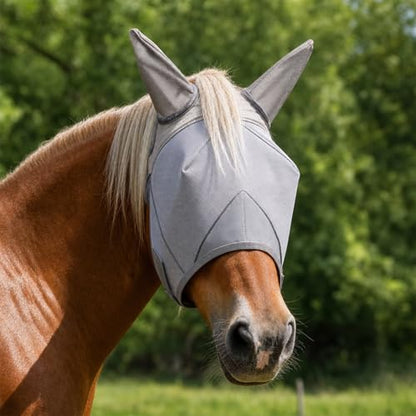Adjustable Horse Fly Mask with Ears, UV Protection Mesh Fly Mask for Horse, Comfortable No Nose Design, Fits Average & Large Horse, Ideal as UV Fly Mask for Horses Against Insect Pests