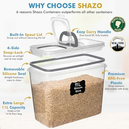 Shazo 2 PC (11L | 372 oz) Flour Sugar Storage Containers with Spout Lid & Easy Carry Handle - BPA Free Extra Large Airtight Food Storage Containers with Lids - Rice Canisters Sets for Kitchen & Pantry - color: Gray