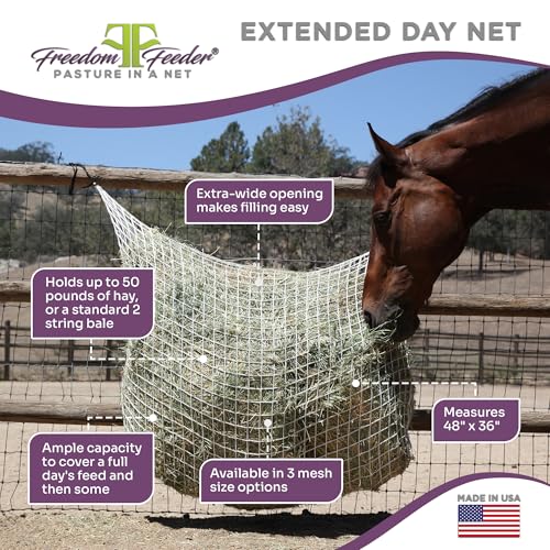 Freedom Feeder Mesh Net Two Day Slow Horse Feeder — Designed to Hold 50 lbs, 6 Flakes or 2 String Bale of Hay and Feed Horse for Two Days — Reduces Horse Feeding Anxiety and Behavioral Issues - size: 1.5"