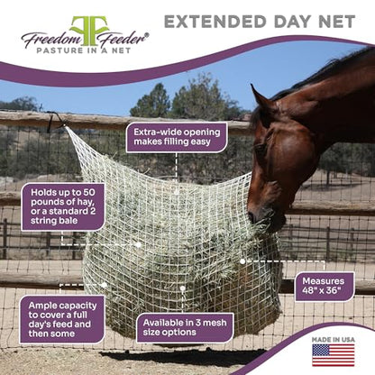 Freedom Feeder Mesh Net Two Day Slow Horse Feeder — Designed to Hold 50 lbs, 6 Flakes or 2 String Bale of Hay and Feed Horse for Two Days — Reduces Horse Feeding Anxiety and Behavioral Issues - size: 1.5"